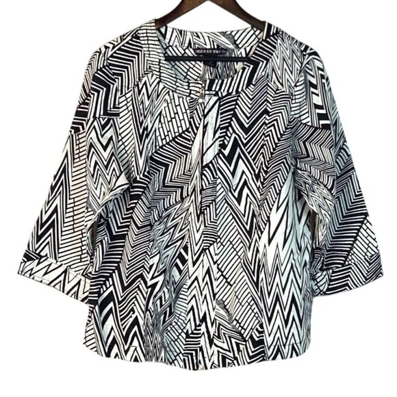 Mirror Image Womens Black & White Geometric Zip Front Jacket Linen Blend 1X - Picture 2 of 7